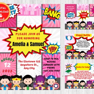Mädchen Superheld Baby Shower Einladung | Superheld Comic Thema Baby Shower | Mädchen Superheld Party | Mädchen Baby Shower Party | Windel-Rüschen-Ticket