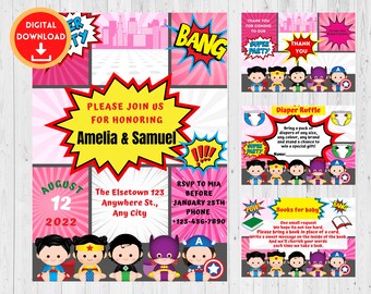 May include: Pink and yellow superhero themed baby shower invitation with a cityscape background. The invitation says "Please join us for honouring Amelia & Samuel" and includes the date August 12, 2022, the location, and RSVP information.