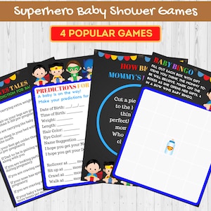 SuperHero Baby Shower Spiel Paket | 4 Beliebte Superhelden Baby Shower Spiele |Superheld Bingo |Superheld Old Wives Tales |Superheld Baby Party