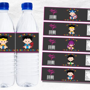 Mädchen Superheld Wasserflasche Label Tischdekoration für Party | Superhelden Geburtstag Party Gastgeschenke Printable |Girl Superheld Wasser Flaschenetikett
