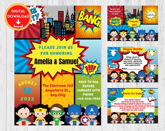 May include: A superhero-themed baby shower invitation with a comic book style design. The invitation features a cityscape with the text "Please join us for honouring Amelia & Samuel" and the date "August 12, 2022".