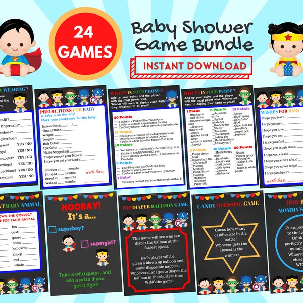 SuperHero 24 Baby Shower Game Package | SuperHero Baby Shower Game Bundle |Superhero 24 Baby Shower Game Bundle |Superhero Baby Shower Party