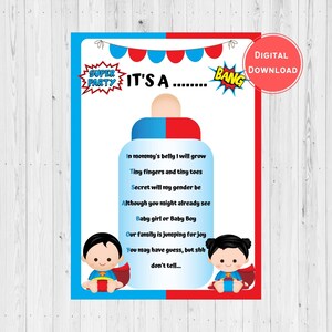 Tarjeta de revelación de género de superhéroe / Poema de acertijos de revelación de género de superhéroe / Ideas de revelación de género de superhéroe / La gran revelación / Baby Shower de superhéroe