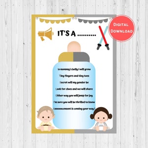 Tarjeta de revelación de género de Star Wars / Poema de acertijos de revelación de género de Star Wars / Él o ella / Luke o Leia / Niño o niña / Revelación de género gris y amarillo