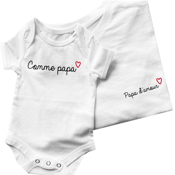 Ensemble t-shirt homme et body bébé, Comme papa et papa d'amour, lot à offrir pour la fête des pères, naissance, anniversaire