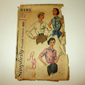 1957 SIMPLICITY PATTERN #2195 Misses Blouse 3 Styles & Alphabet Transfer Sz 14