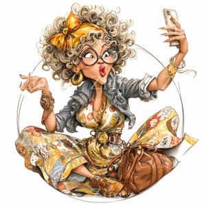12 jpeg selfie vrouw clipart – krullend haar JPG-afbeelding – leuk retro modekarakter voor plannerpagina's, stickers, kunst aan de muur, journaling
