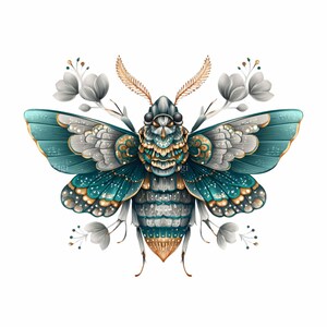 May include: A detailed illustration of a stylized insect with teal, gold, and white wings and body. The insect is surrounded by white floral accents. The design has an ornate, decorative style, perfect for art prints or decorative items.
