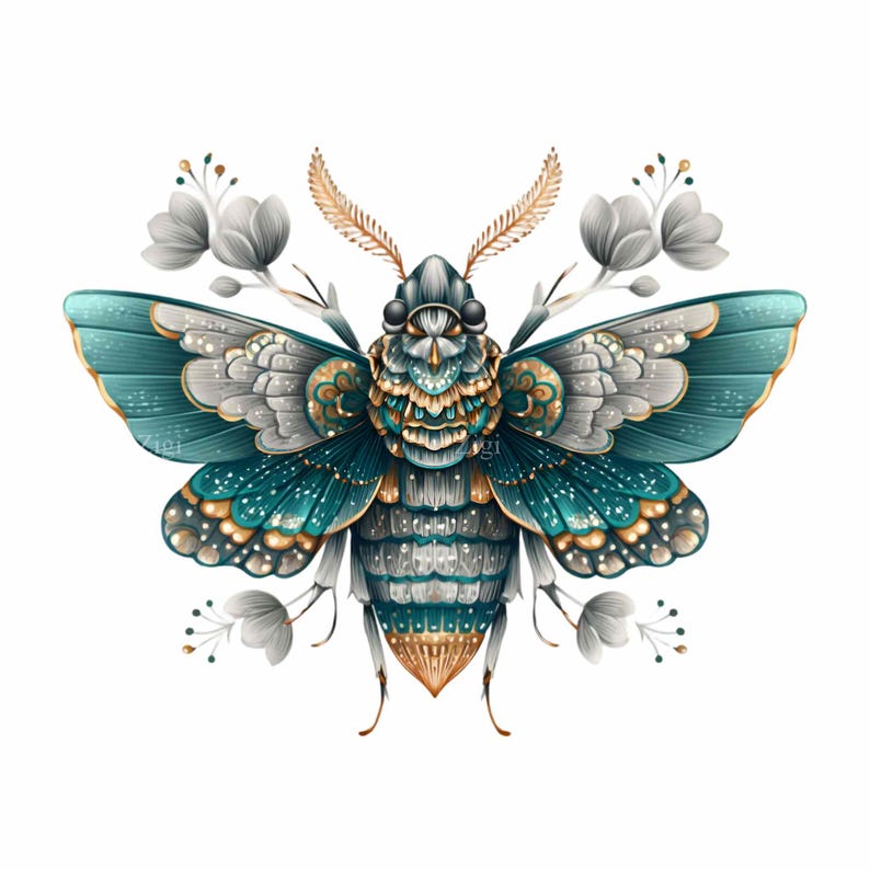 May include: A detailed illustration of a stylized insect with teal, gold, and white wings and body. The insect is surrounded by white floral accents. The design has an ornate, decorative style, perfect for art prints or decorative items.