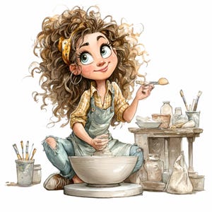 Puede incluir: Ilustración en acuarela de una persona creando cerámica en un torno. La persona tiene cabello castaño rizado, un pañuelo amarillo y usa una camisa a cuadros amarilla y un overol de mezclilla. Herramientas y suministros de cerámica en el fondo.