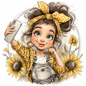 Op de afbeelding: Cartoon illustratie van een jong persoon die een selfie maakt, gekleed in een gele jas met stippen en een hoofdband. De persoon heeft bruin haar en wordt omringd door zonnebloemen.