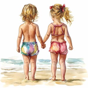 16 JPEG Dwoje dzieci trzymających się za ręce na plaży Clipart, Letnia ilustracja przyjaźni, Scena oceanu Sztuka cyfrowa JPG Pobierz
