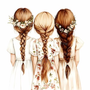 28 ragazze JPEG con trecce - Clipart JPG dell'amicizia - Arte con abito floreale per la decorazione murale della sorella, vista posteriore stampabile, ricordo d'infanzia