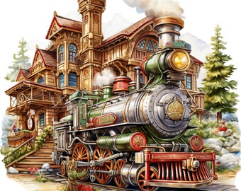 15 PNG Vintage Locomotive Train Station Clipart, Steam Engine Sublimation