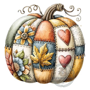 May include: A decorative pumpkin illustration featuring a patchwork design with stitched seams. The pumpkin displays various patterns including a yellow maple leaf, blue and yellow flowers, and two red hearts, all rendered in muted autumn colors.