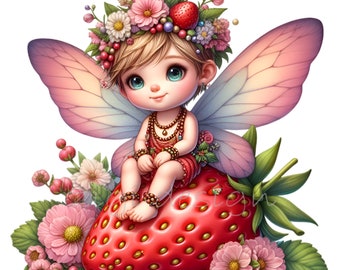 10 PNG Baby Strawberry Fairy Clipart – Fantasy Nursery Illustration, Whimsical Fairy