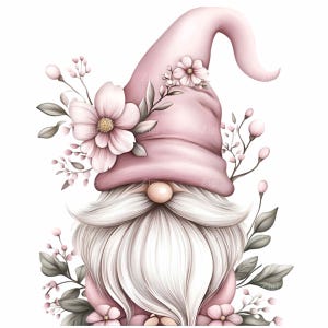 22 Rosa Gnom PNG Clipart - Sitzender Gnom mit weißem Bart und Blumenhut - Pastell Frühling Gnome Kunst für Sublimationsarbeiten