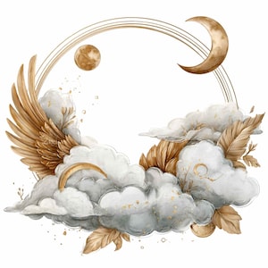 16 PNG Celestial Moon Frame PNG – Gold Clouds and Wings Clipart – Lunar Arch Design for Spiritual Wall Art, Sublimation, Cards