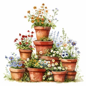 Può includere: Una collezione di vasi di terracotta con una varietà di fiori colorati, tra cui arancione, giallo, rosso, blu e bianco. I vasi sono impilati a forma di piramide, con il vaso più grande in basso e il più piccolo in alto.