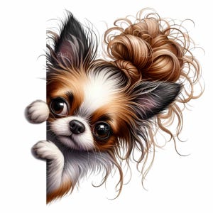 12 Peeking Chihuahua PNG Clipart – Cute Fluffy Dog with Big Eyes and Hair in Messy Bun – Funny Puppy Peek Illustration