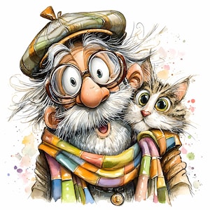 24 JPEG Funny grandpa art – Cat man clipart – Whimsical pet owner design for prints, mugs, crafts, cards, sublimation projects