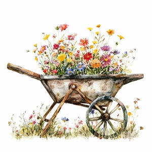 24 JPEG 素朴な花の手押し車クリップアート JPG – ヴィンテージガーデンフローラルカート、春の野花の水彩イラスト