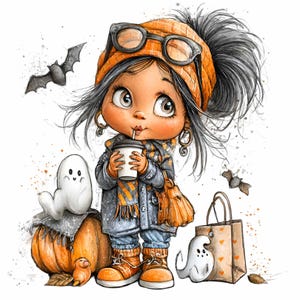 16 PNGハロウィンガールとゴーストのクリップアート – かわいい秋のカボチャPNG – 秋のドリンク昇華転写、クラフト、ステッカー、子供向け印刷物