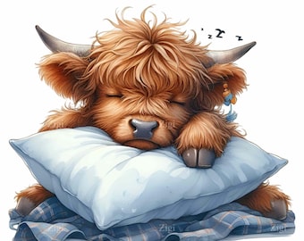 15 PNG schlafende Highland Kuh Baby Kindergarten Clipart Aquarell