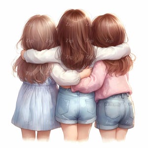 10 JPEG Tre ragazze che si abbracciano in abiti casual, illustrazione di amicizia JPG, clip art estiva pastello con capelli dettagliati