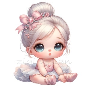 May include: A digital illustration of a young girl with blonde hair and large blue eyes. She is wearing a pink and white tutu and a pink bow in her hair. The background is white.