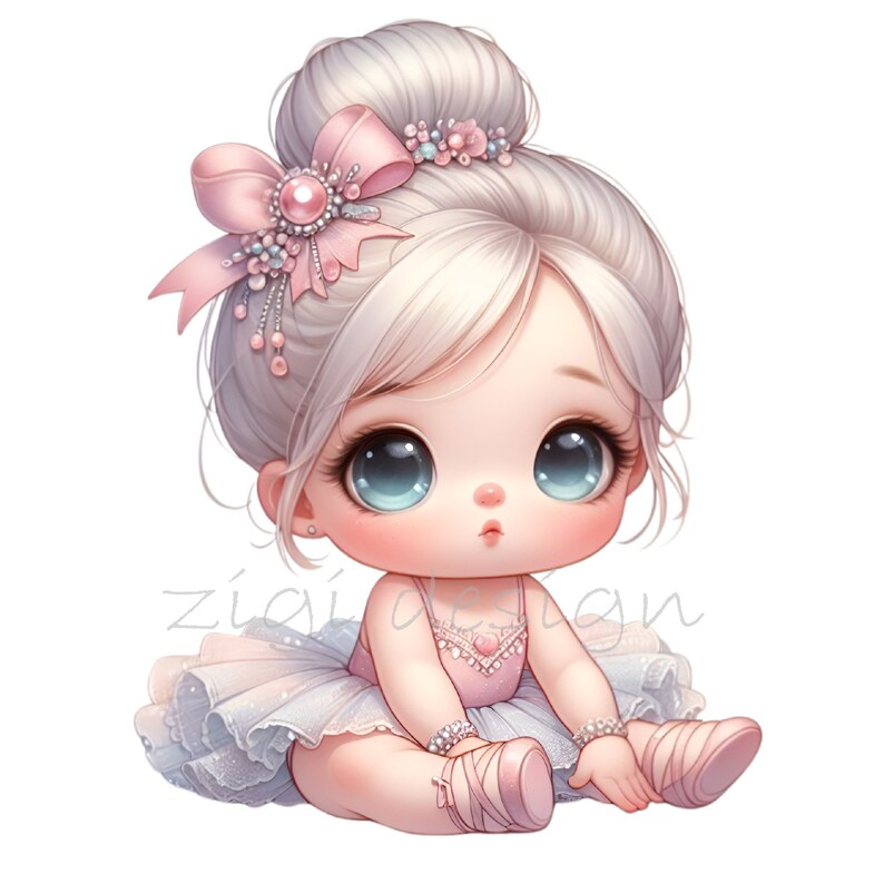 May include: A digital illustration of a young girl with blonde hair and large blue eyes. She is wearing a pink and white tutu and a pink bow in her hair. The background is white.