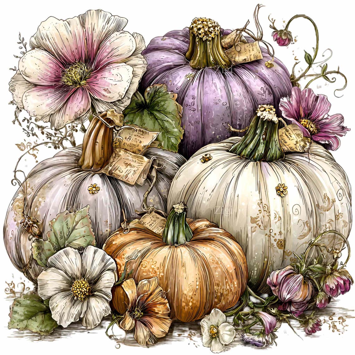 10 PNG Floral Pumpkin Fall Watercolor Clipart, Autumn Peonies Purple ...