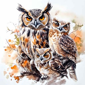 30 Familias de Búhos JPEG - Clipart JPG de Búhos en Acuarela - Arte de Aves del Bosque Otoñal para Decoración Infantil, Impresión de Vida Silvestre, Póster de Animales del Bosque