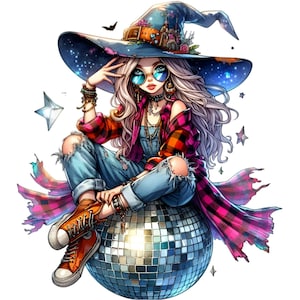 12 sorcière disco PNG - clipart de sorcière d'Halloween à la mode sur une boule à facettes avec de la flanelle, un jean déchiré et un chapeau étoilé - art de fête amusant