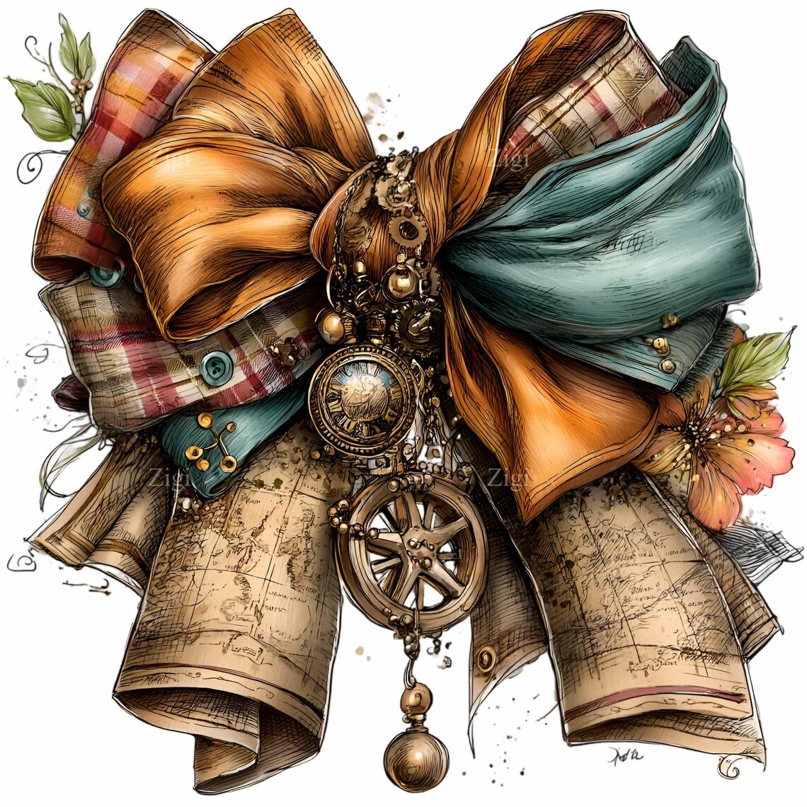 Steampunk Ribbon 10 PNG Steampunk Map Bow – Vintage Ribbon PNG Clipart – Watercolor ...