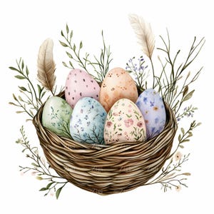 16 imágenes prediseñadas de Pascua vintage en formato JPEG: huevos pintados con motivos florales en un nido tejido con plumas y flores silvestres, arte rústico de primavera, JPG