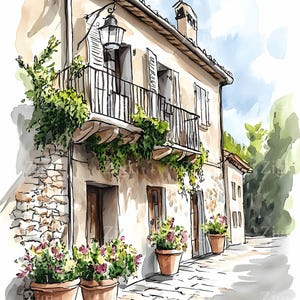 28 JPEG Clipart di casa rustica JPG, casa in pietra mediterranea con balcone e fiori in vaso, illustrazione digitale ad acquerello