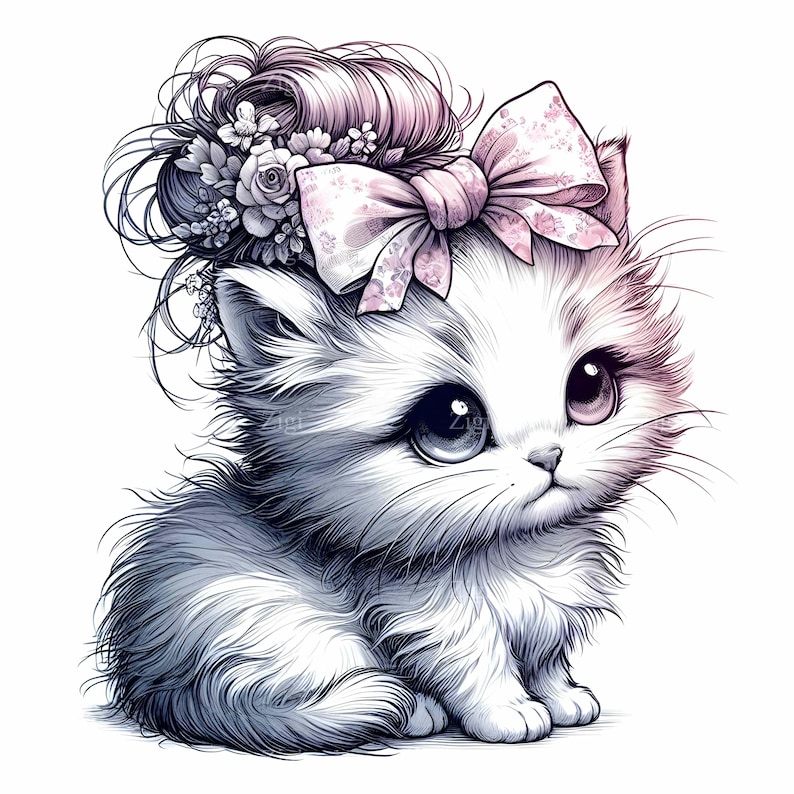 15 JPEG Cute Kitten Clipart With Big Eyes and Floral Bow, Baby Cat JPEG ...