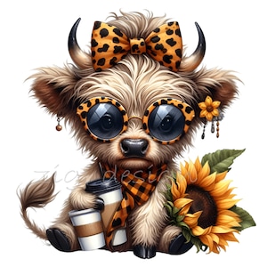 May include: A cute cartoon Highland cow wearing sunglasses and a leopard print bow, holding two takeaway coffee cups and a sunflower.