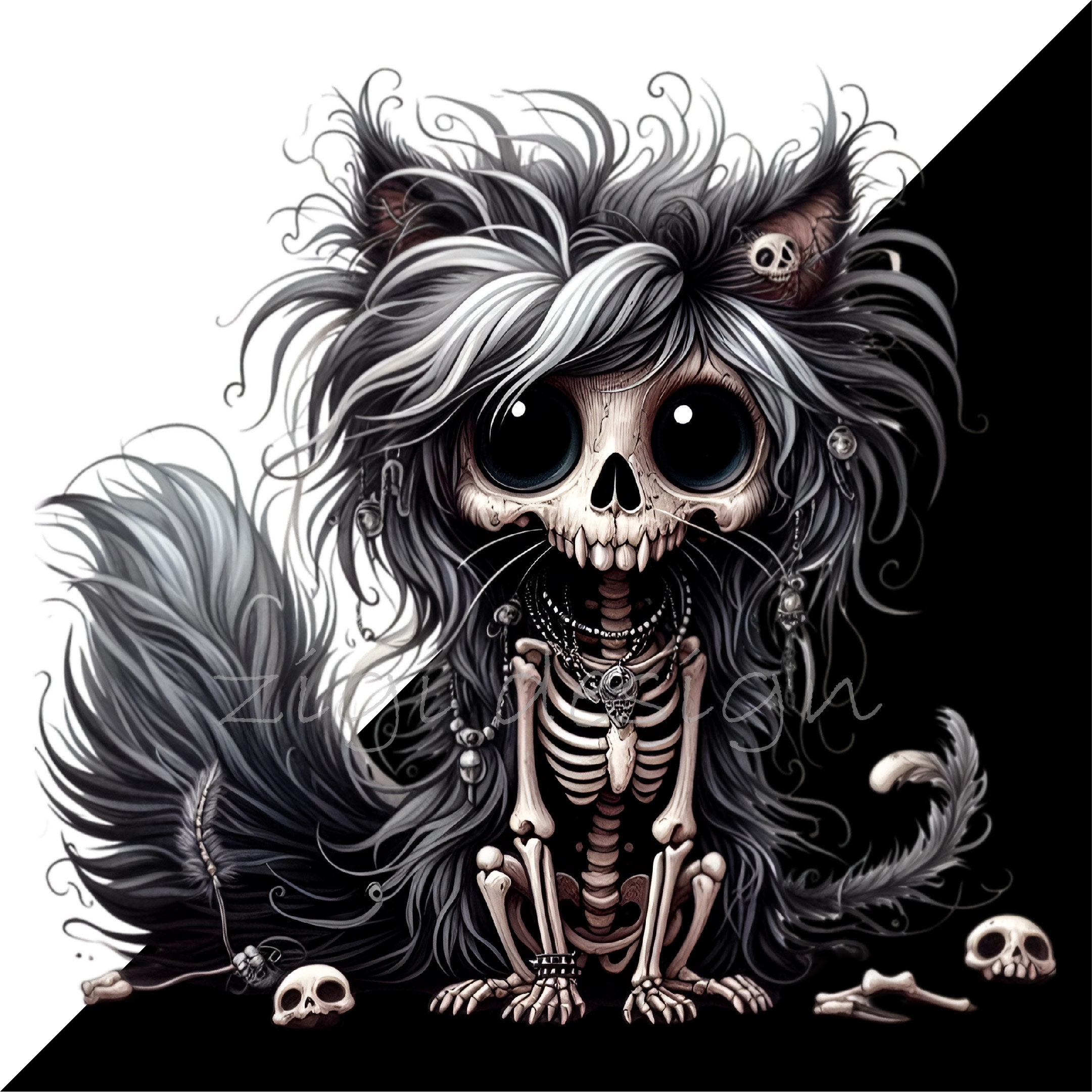 12 PNG Skeleton Cat Clipart - Gothic Furry Skull Kitten With Black Fur ...