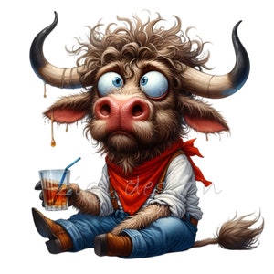 Comics Bull Drinking Alcohol Clipart, 15 PNG Funny Cow Lovers Gift Images Printable, Sublimation, Junk Journal