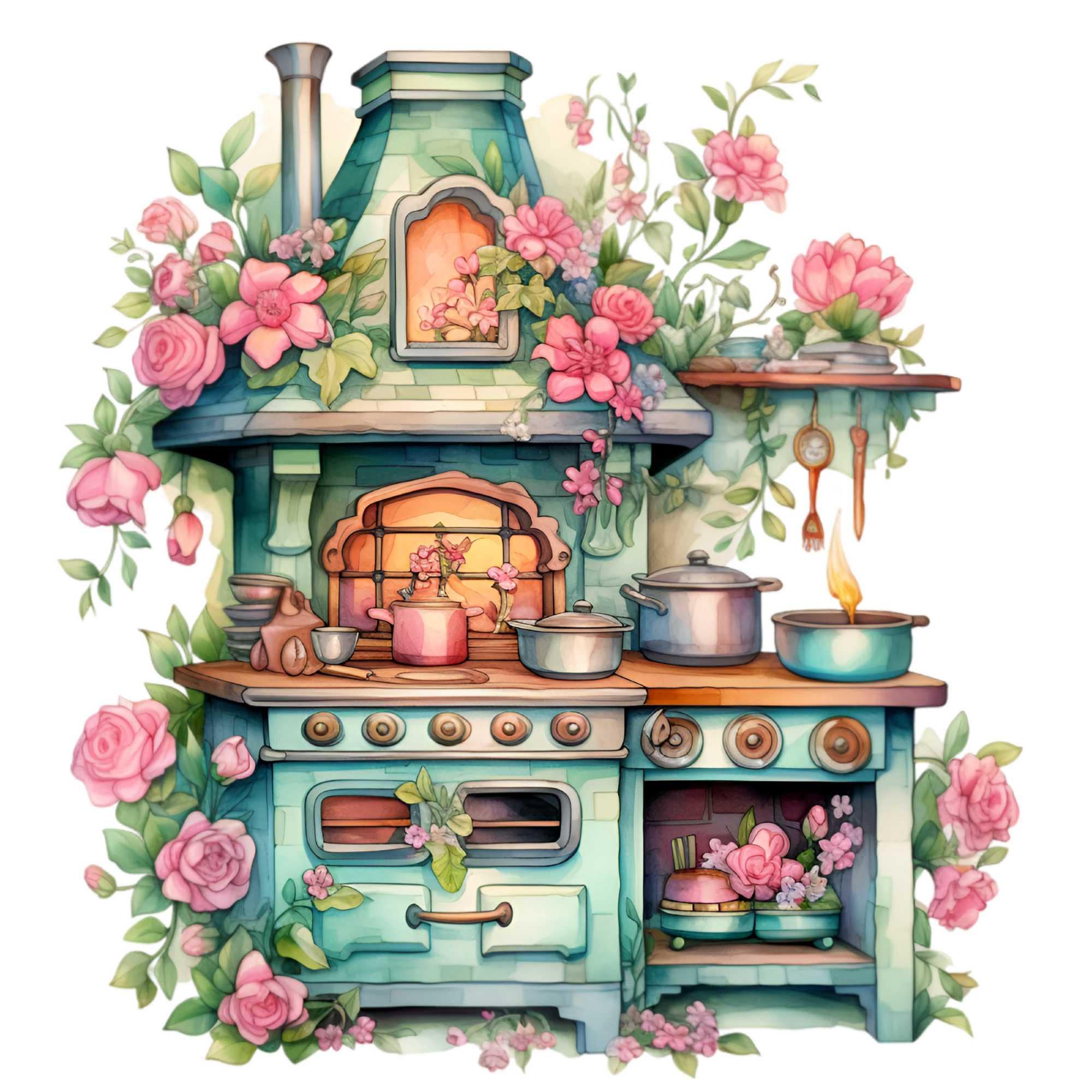 vintage floral kitchen scene clipart set graphic by... 15 PNG Retro Kitchen Pink Roses Cottage Clipart, Floral Stove - Etsy