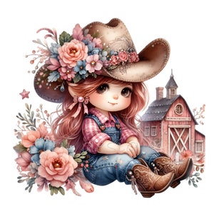 10 Elfos Vaqueros PNG Clipart, Linda Chica de Campo con Flores y Granero, Sombrero Floral, Descarga Digital del País del Oeste