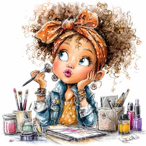 16 Clipart di ragazze truccate in formato JPEG - Artista di bellezza JPG - Disegno di una bambina con i capelli ricci per adesivi per planner, diari e stampe artistiche da parete