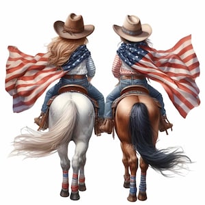 15 Clipart di cowgirl patriottiche, ragazze occidentali a cavallo con bandiere degli Stati Uniti, PNG di sublimazione del rodeo di campagna