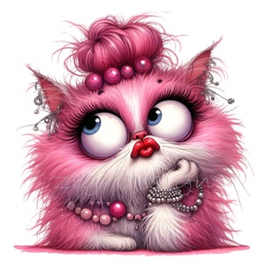 12 cliparts PNG chat à fourrure rose, chat girly original avec des lèvres rouges, chaton Kawaii drôle, téléchargement numérique