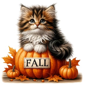 12 Clipart PNG di gattini autunnali, simpatico gatto soffice seduto su una zucca con cartello AUTUNNO, foglie autunnali e mini zucche