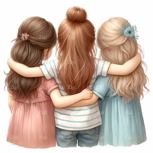 16 PNG Ragazze che si abbracciano – Trio PNG clipart – Illustrazione di amicizia per biglietti, stampe per bambini, diari, decorazioni murali e artigianato fai da te