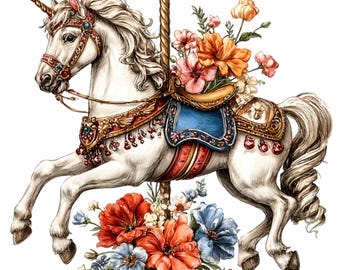 15 PNG Vintage Carousel Unicorn Horse Floral Arrangement