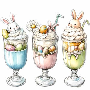 14 PNG 水彩イースター ミルクセーキ PNG クリップアート、かわいい春のデザートのイラスト、ホイップクリームドリンク デジタルダウンロード